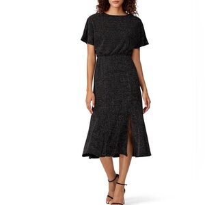 Donna Morgan Silver Metallic Knit Midi Dress with Front Slit Open Back Sz 2 & 6